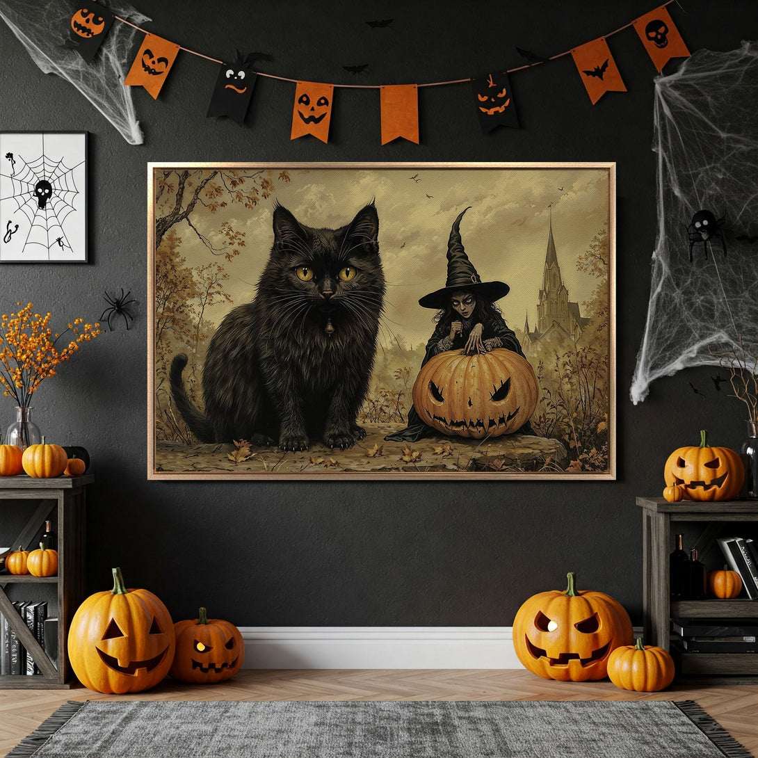 Framed Wall Art: Spooky Halloween scene with black cat, witch, and pumpkin. Warm, autumnal color palette. Perfect for Halloween decor!