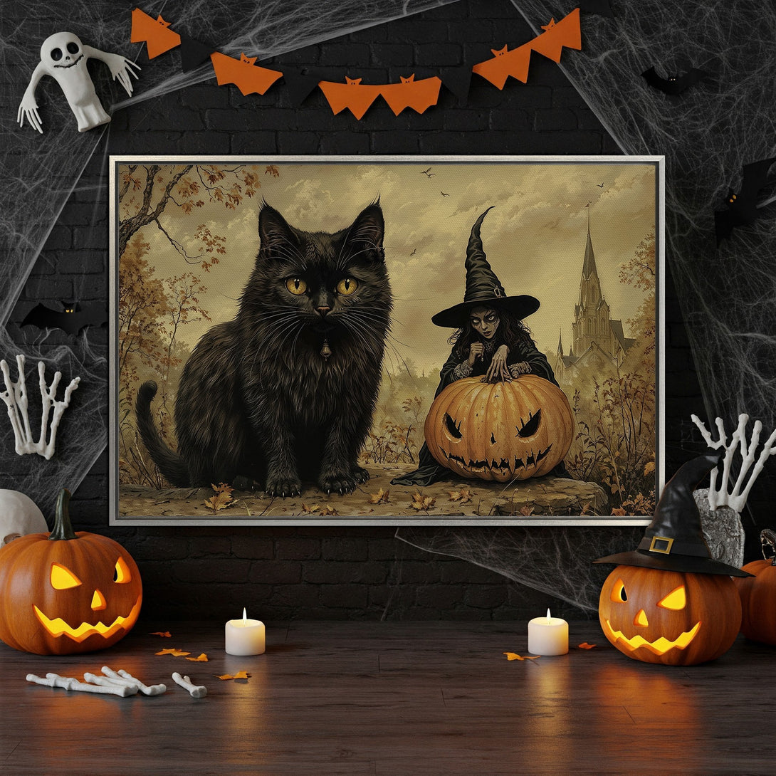 Framed Wall Art: Spooky Halloween scene with a black cat, witch, and pumpkin. Vintage style with warm, autumnal colors. Perfect for Halloween decor!