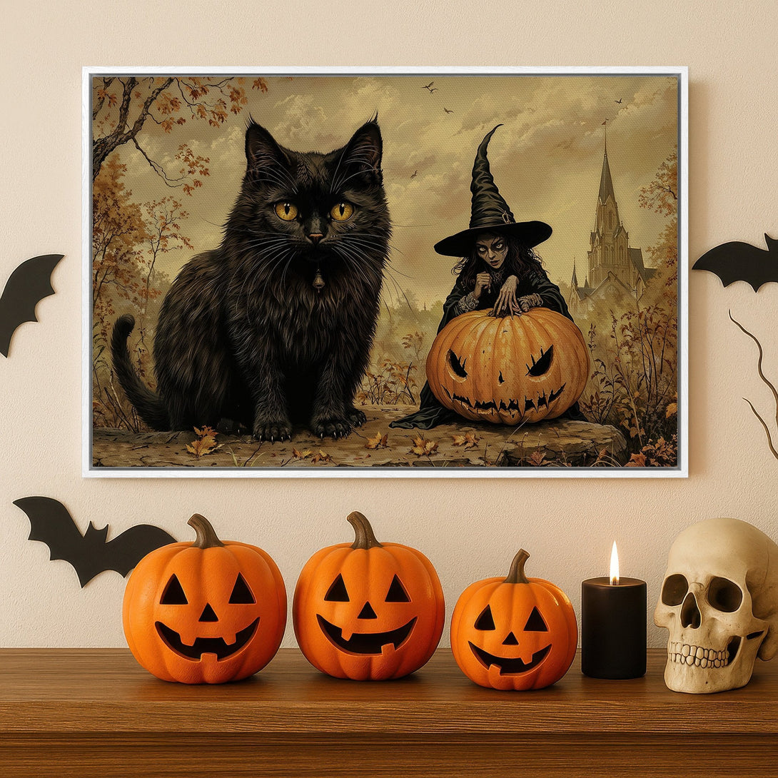 Framed Wall Art: Spooky Halloween scene featuring a black cat, witch, and pumpkin. Warm, autumnal color palette. Perfect for adding a festive touch!