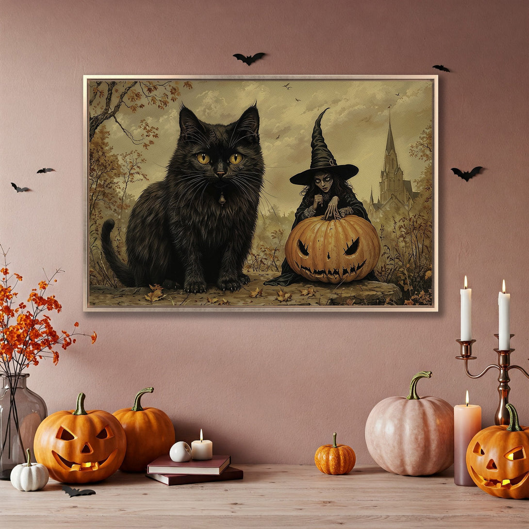 Framed Wall Art featuring a black cat, witch, and pumpkin in a vintage style, warm autumn color palette. Perfect Halloween decor!