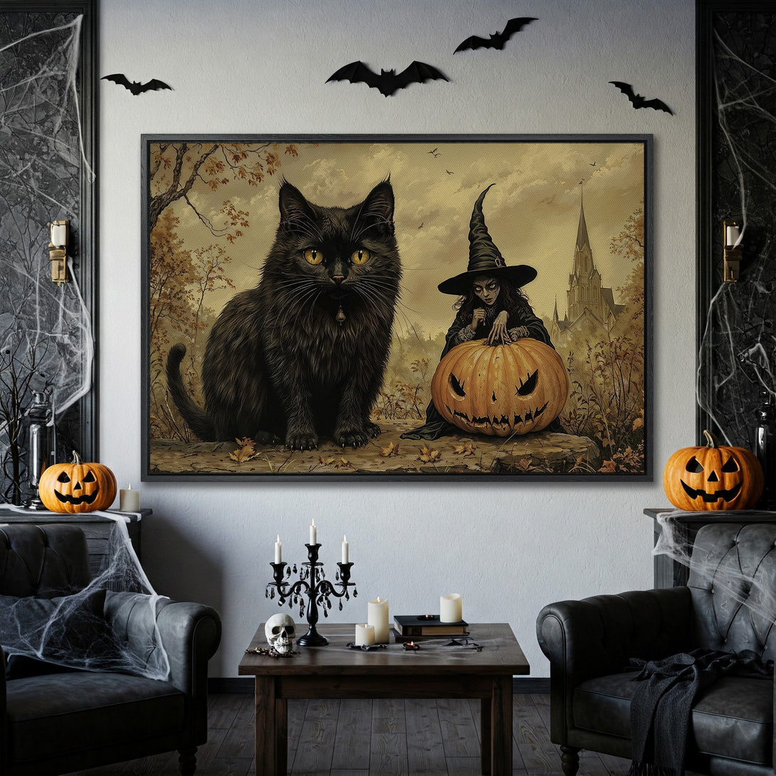 Framed Wall Art: Spooky black cat & witch with pumpkin. Vintage style, warm autumn tones. Perfect Halloween decor!