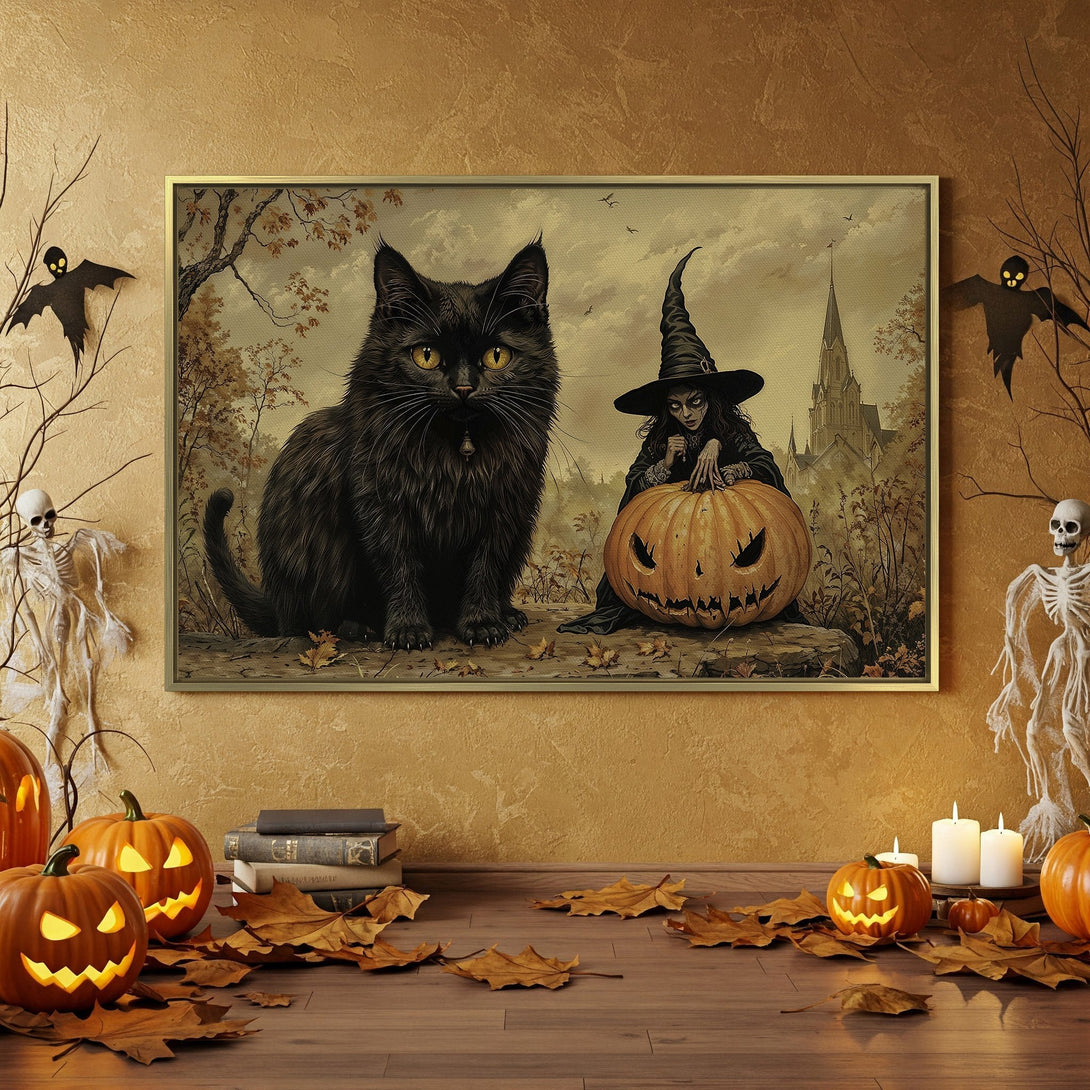 Canvas Print featuring a black cat and witch, perfect for Halloween decor. Warm, autumnal color palette. Spooky wall art for your home!