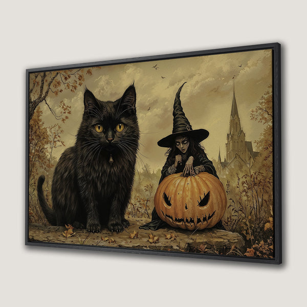 Framed Wall Art: Spooky Halloween scene with black cat, witch, and pumpkin. Vintage style, warm autumn color palette. Perfect for seasonal decor.