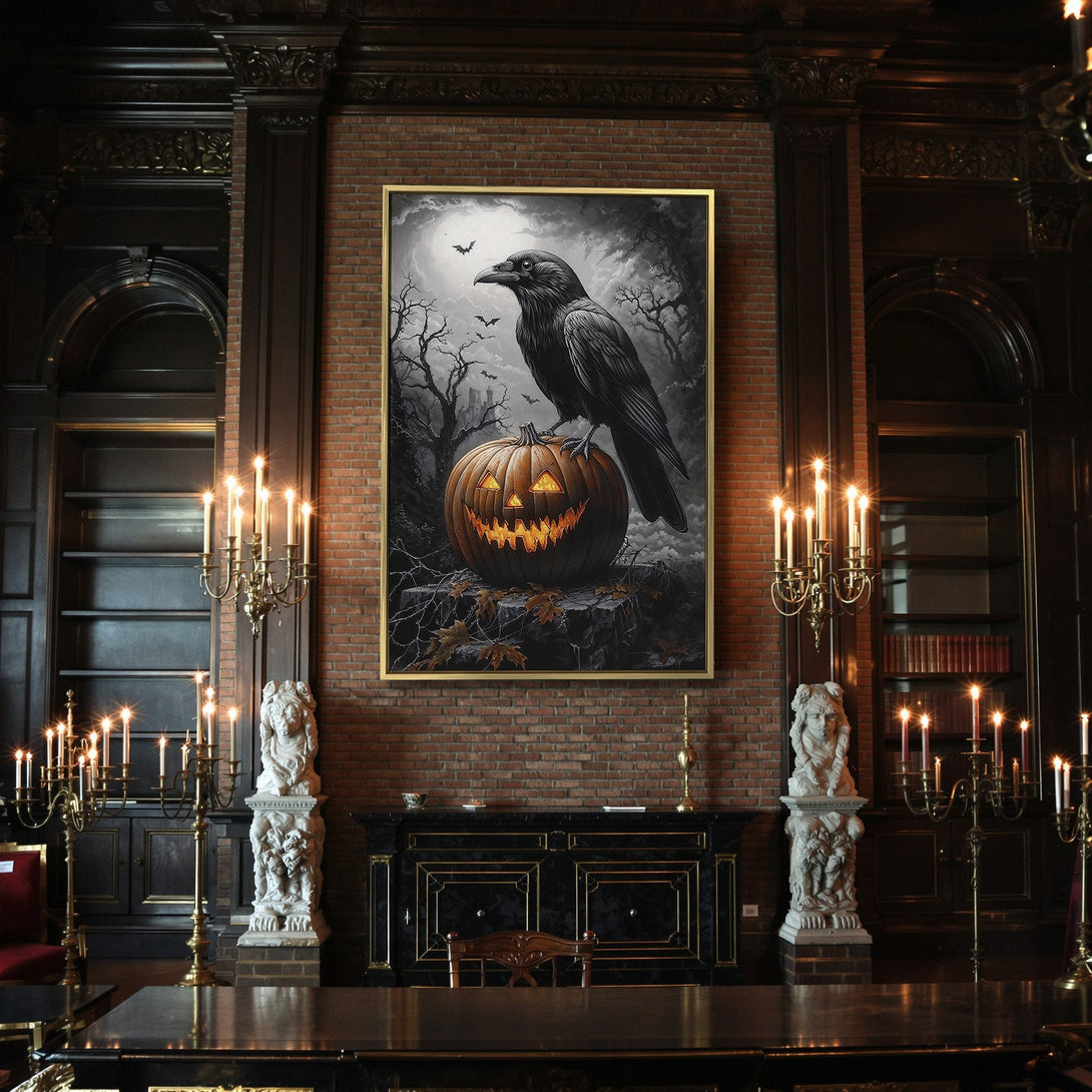Canvas Print featuring a raven on a jack-o'-lantern, spooky Halloween art in grayscale with orange accents, perfect for seasonal decor.