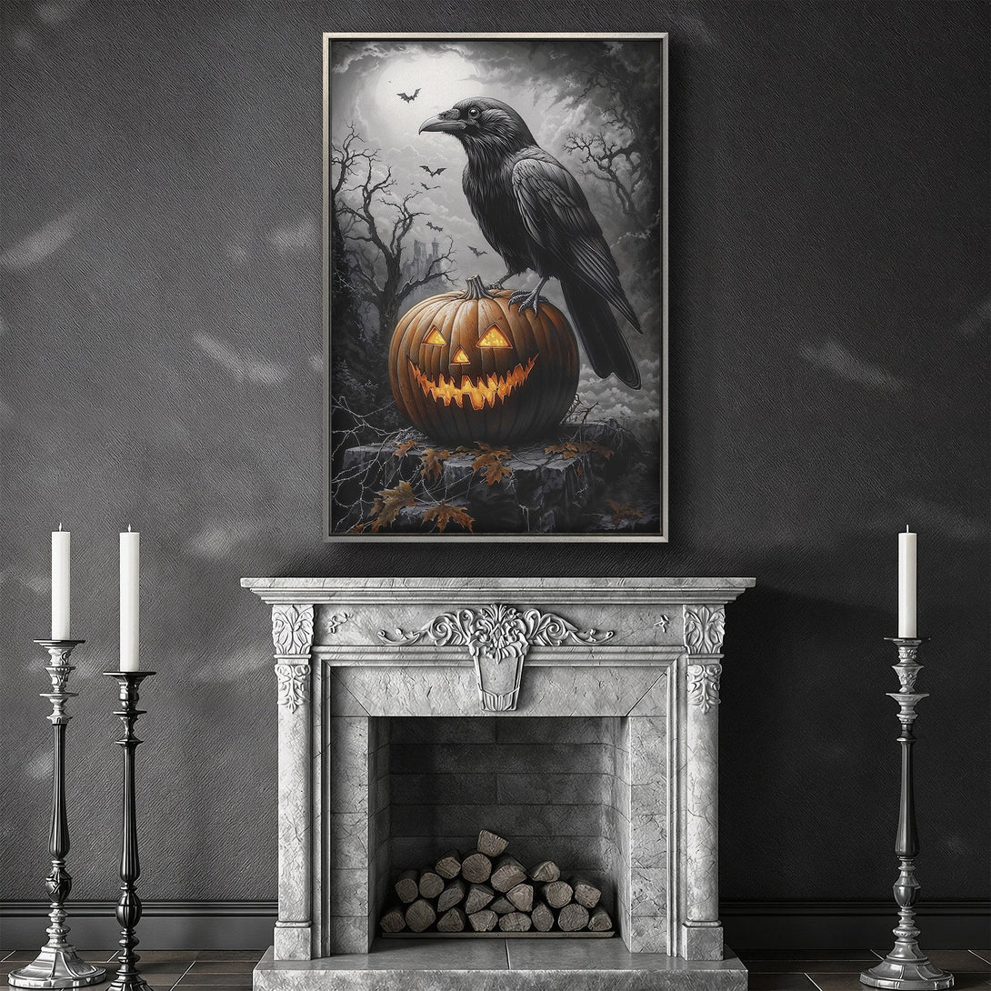 Framed Wall Art featuring a spooky raven perched on a jack-o'-lantern. Gothic style with a grayscale and orange color palette, perfect Halloween decor.