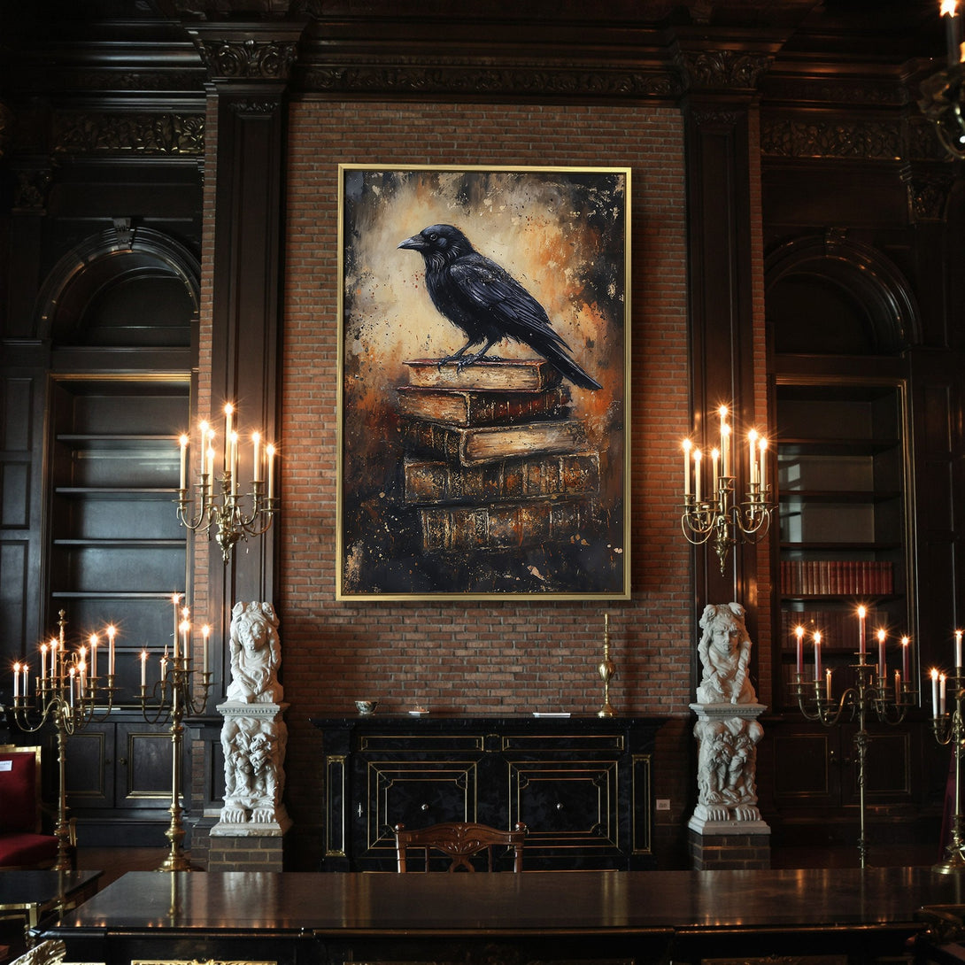 Canvas Print of a woman's hands covered in gold jewelry, dark and moody style. Features black, gold, and green tones, perfect for Halloween decor.