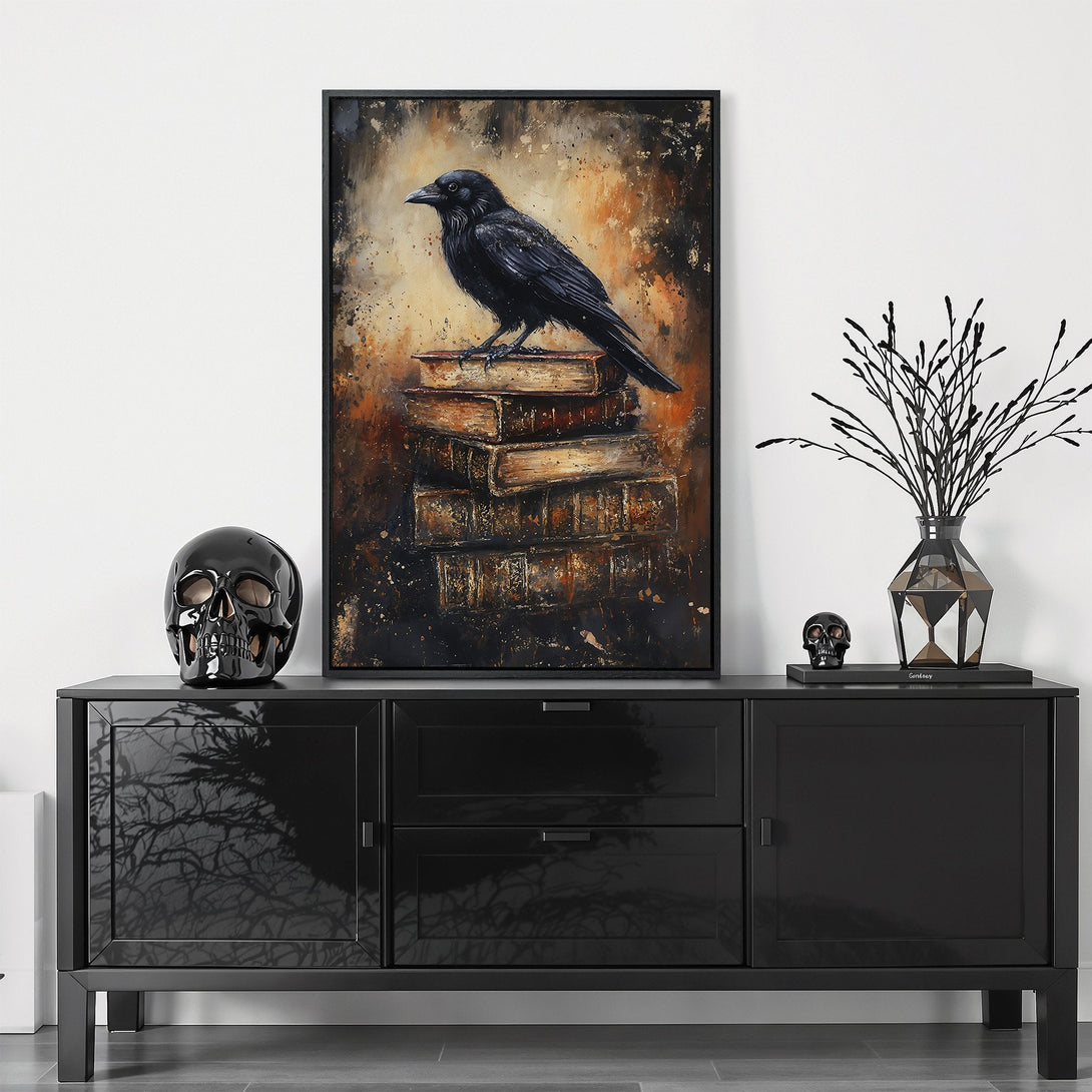 Framed Wall Art featuring a woman's hands covered in jewelry, dark and moody art style, gold and emerald green accents. Perfect for a statement piece.