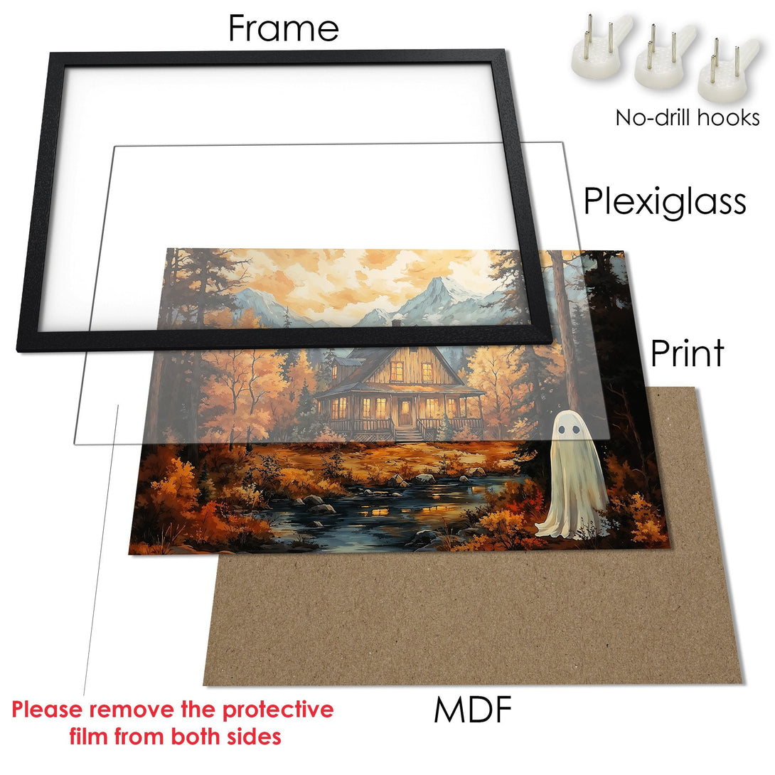 Framed Poster featuring a cozy cabin scene in warm autumn tones. Rustic art style with a touch of spooky fun!