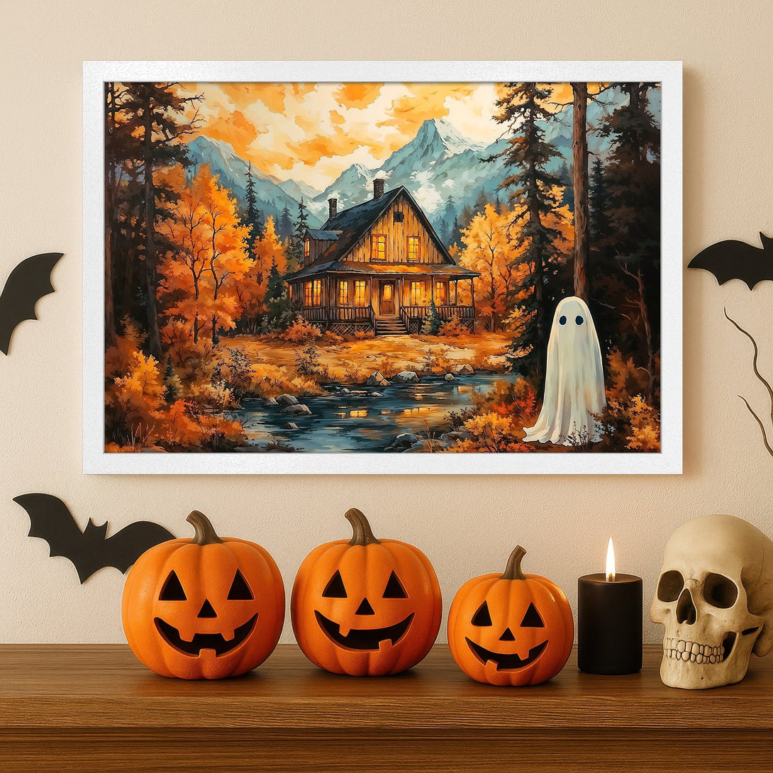 Framed Poster: Watercolor cabin in autumn forest, warm orange & brown tones, perfect Halloween decor.