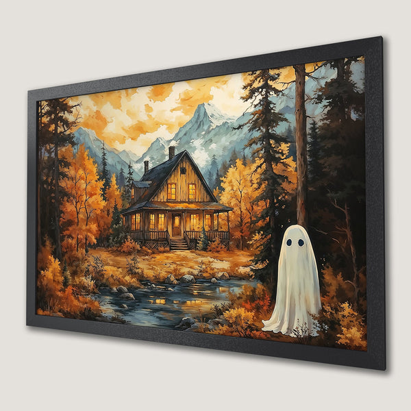 Framed Poster featuring a spooky cabin scene in a warm, autumnal color palette with a ghost. Perfect Halloween decor!