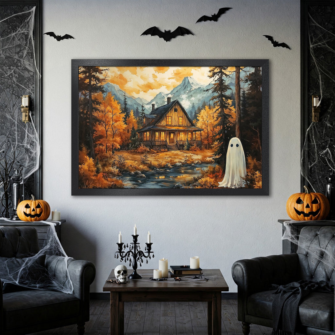 Framed Poster of a cozy cabin in autumn colors. Perfect Halloween decor! Warm orange & yellow palette, scenic landscape art.