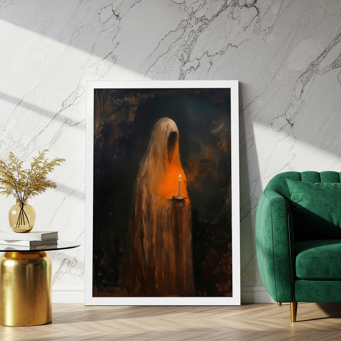 Framed Poster of a hooded figure with candle, in dark, moody style, warm orange and brown tones. Perfect wall art!