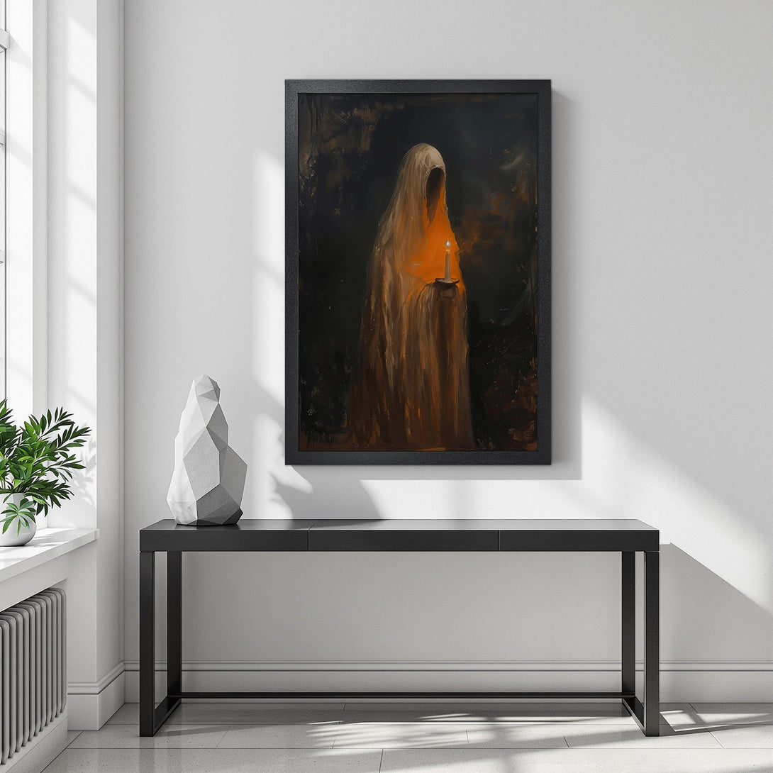 Framed Poster featuring a ghostly figure with a candle, dark and moody style, warm orange and brown palette.