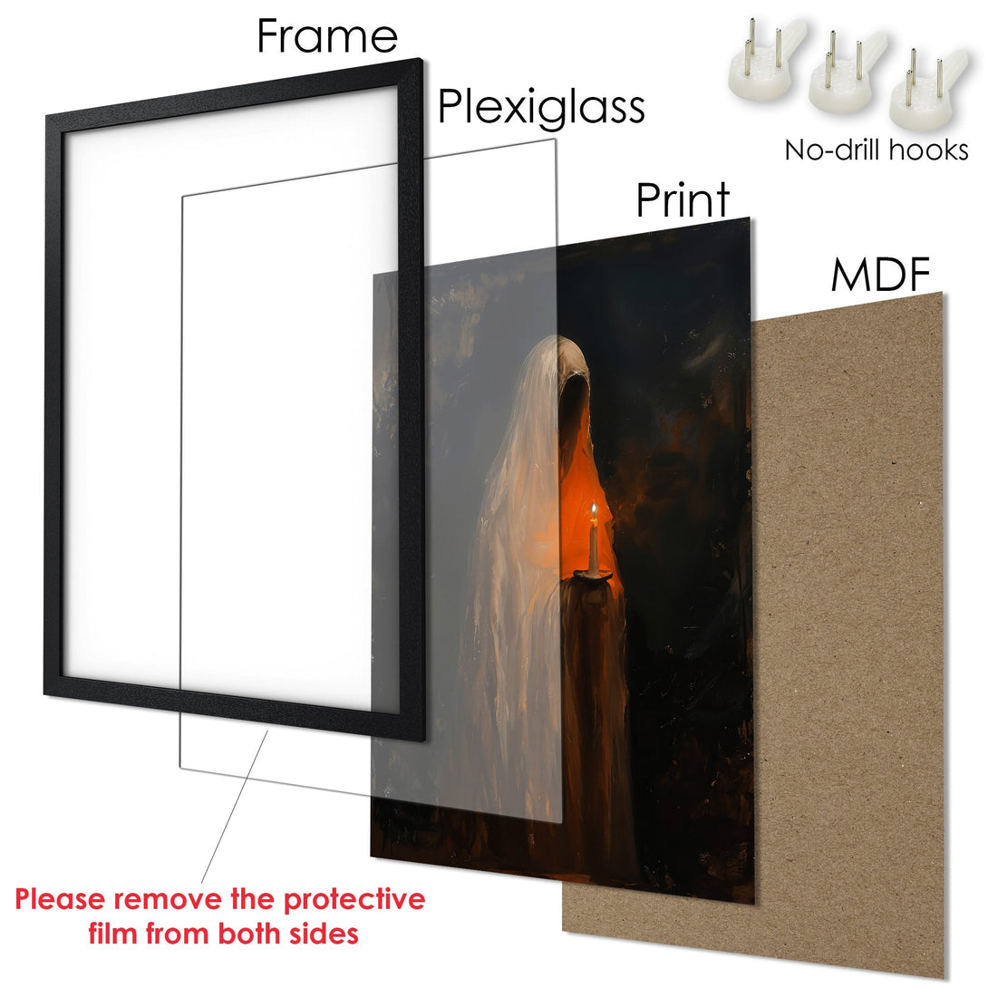 Framed Poster featuring a spectral figure with warm orange and black tones, perfect for adding a touch of mystery to your space.