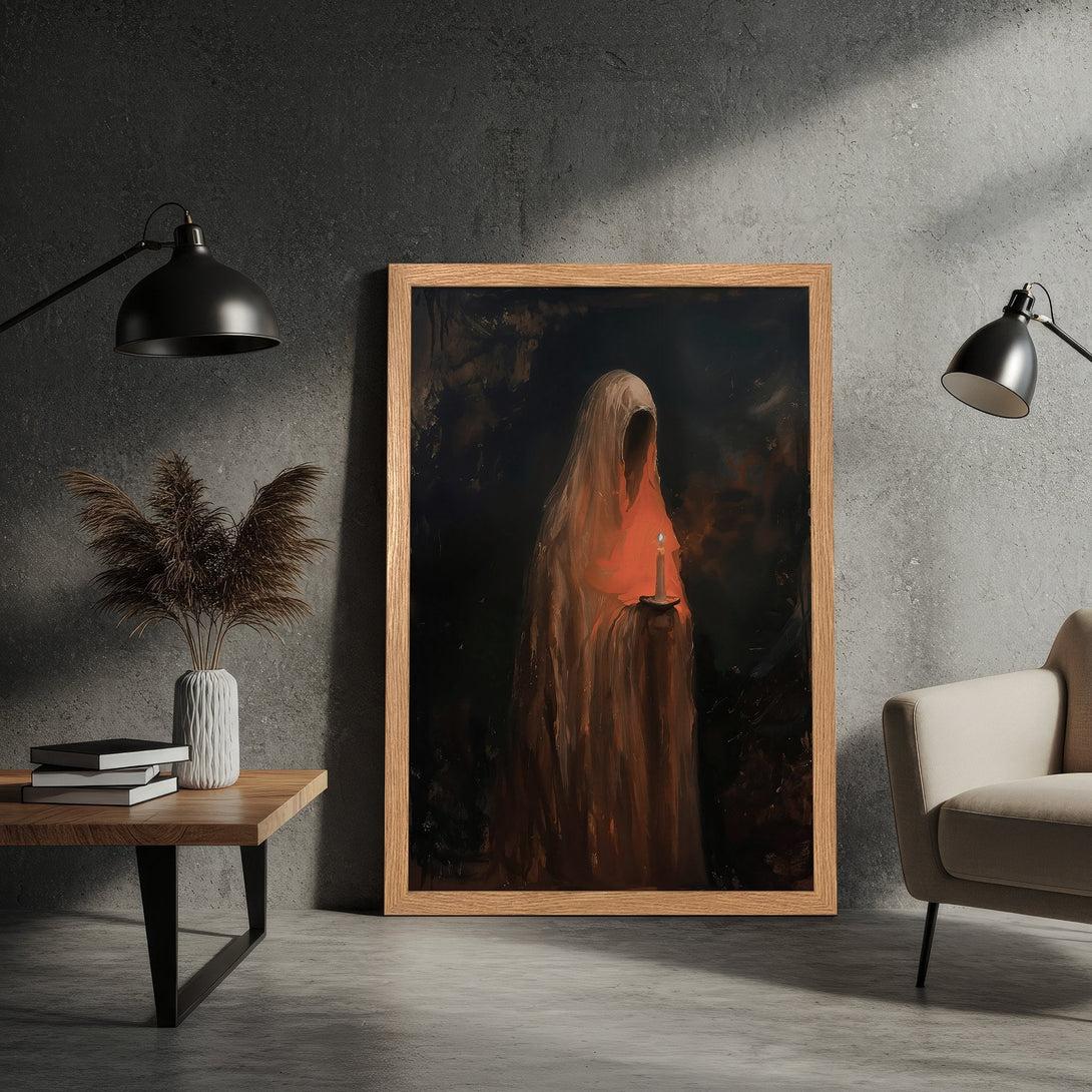 Framed Poster featuring a cloaked figure with a candle, dark & mysterious art in warm orange & black tones. Perfect wall decor!