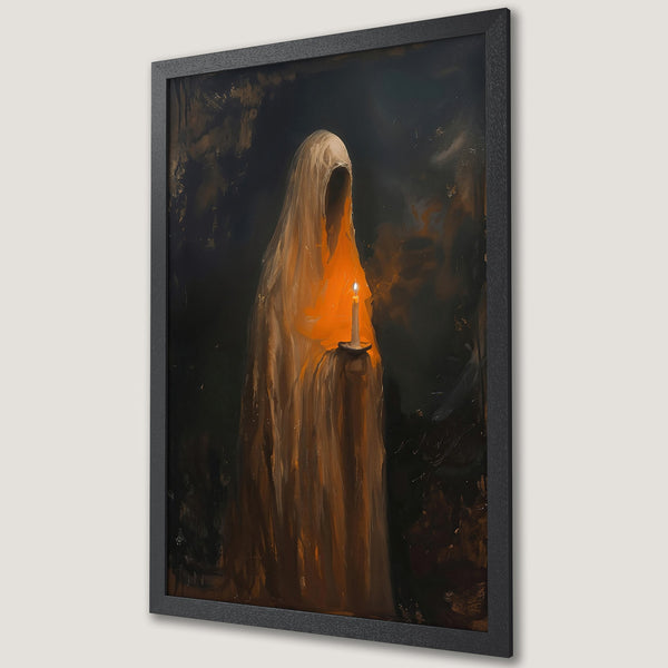 Framed Poster featuring a cloaked figure holding a candle, dark & moody style, with warm orange and brown tones. Add a touch of mystery!
