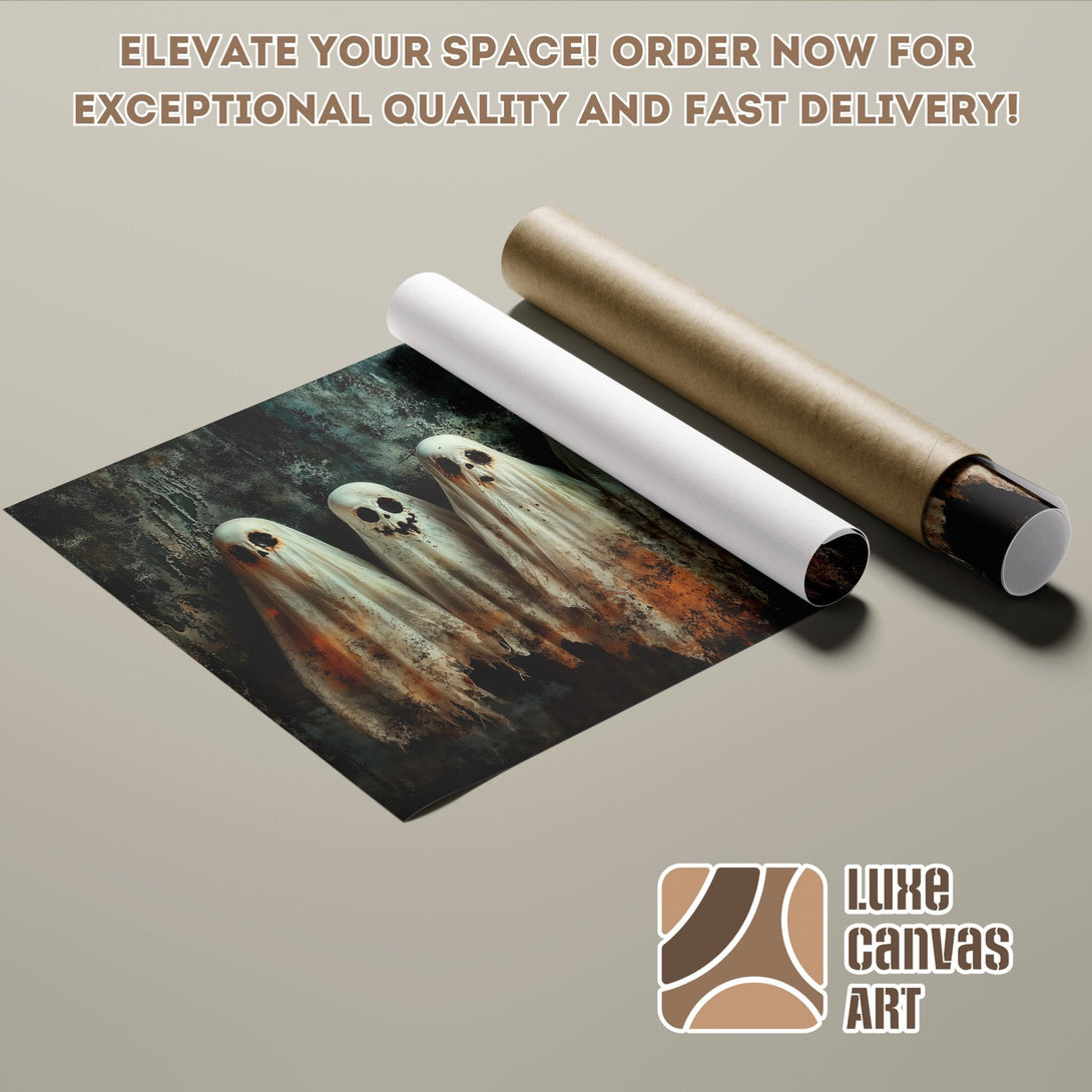 Spooky ghost art Poster Roll, dark color palette, perfect for Halloween decor.