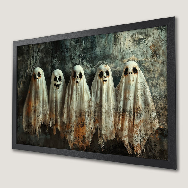 Framed Poster featuring spooky ghosts with a dark, textured background in a muted color palette. Perfect Halloween decor!