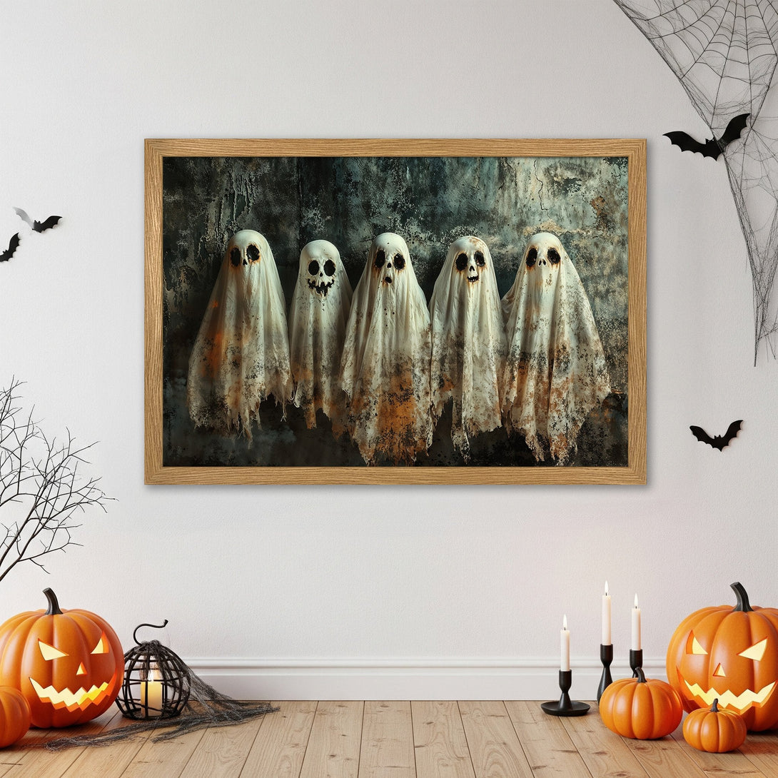 Framed Poster featuring spooky ghost art in a Halloween scene. Rustic style, with a muted, earthy color palette. Perfect for Halloween decor!