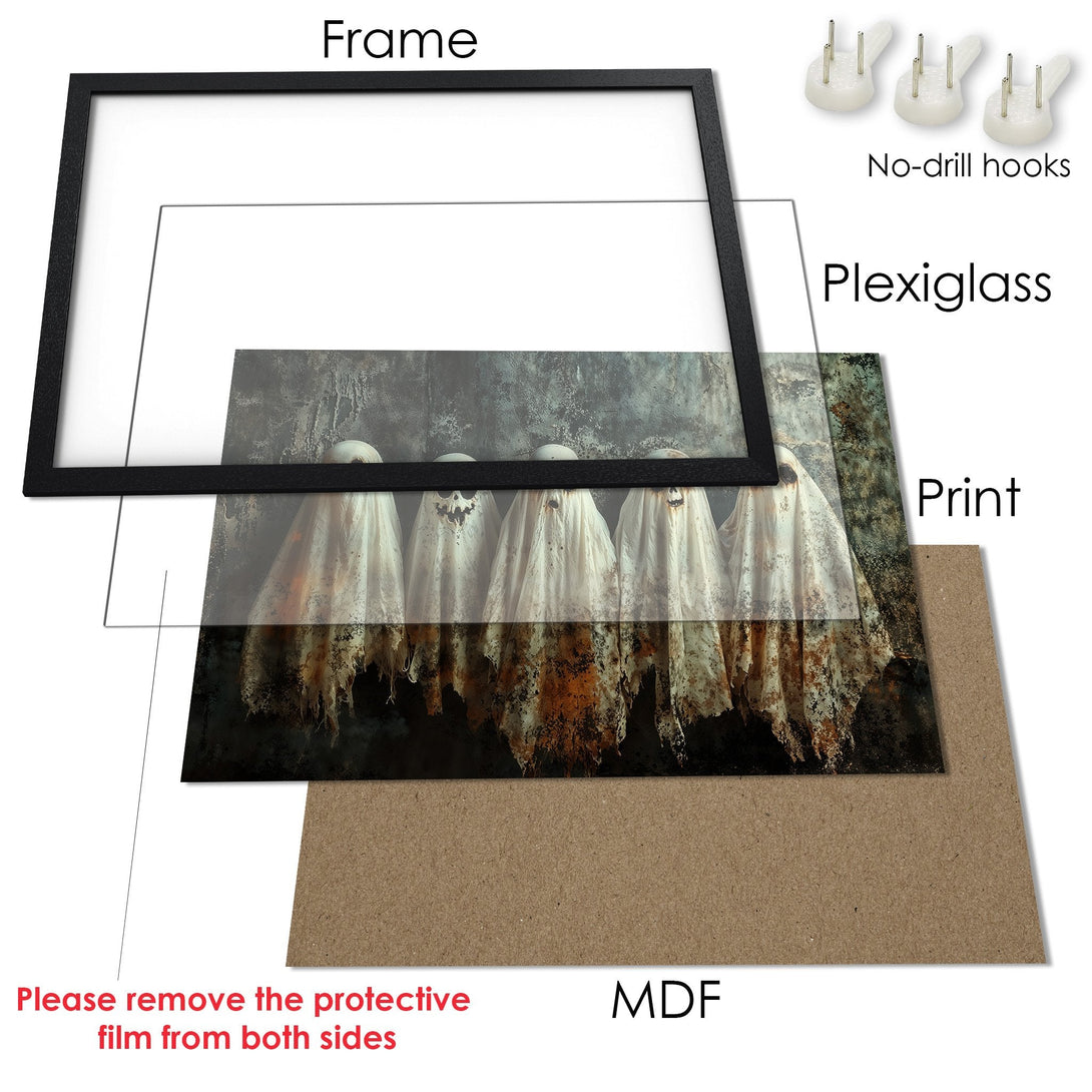 Framed Poster featuring spooky ghosts in a dark, moody style. Perfect Halloween decor with a muted color palette.
