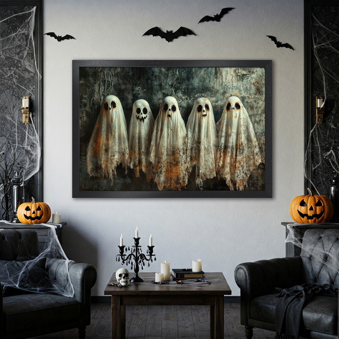 Framed Poster featuring spooky ghost art in a dark, Halloween-themed style with a neutral color palette. Perfect for seasonal decor!