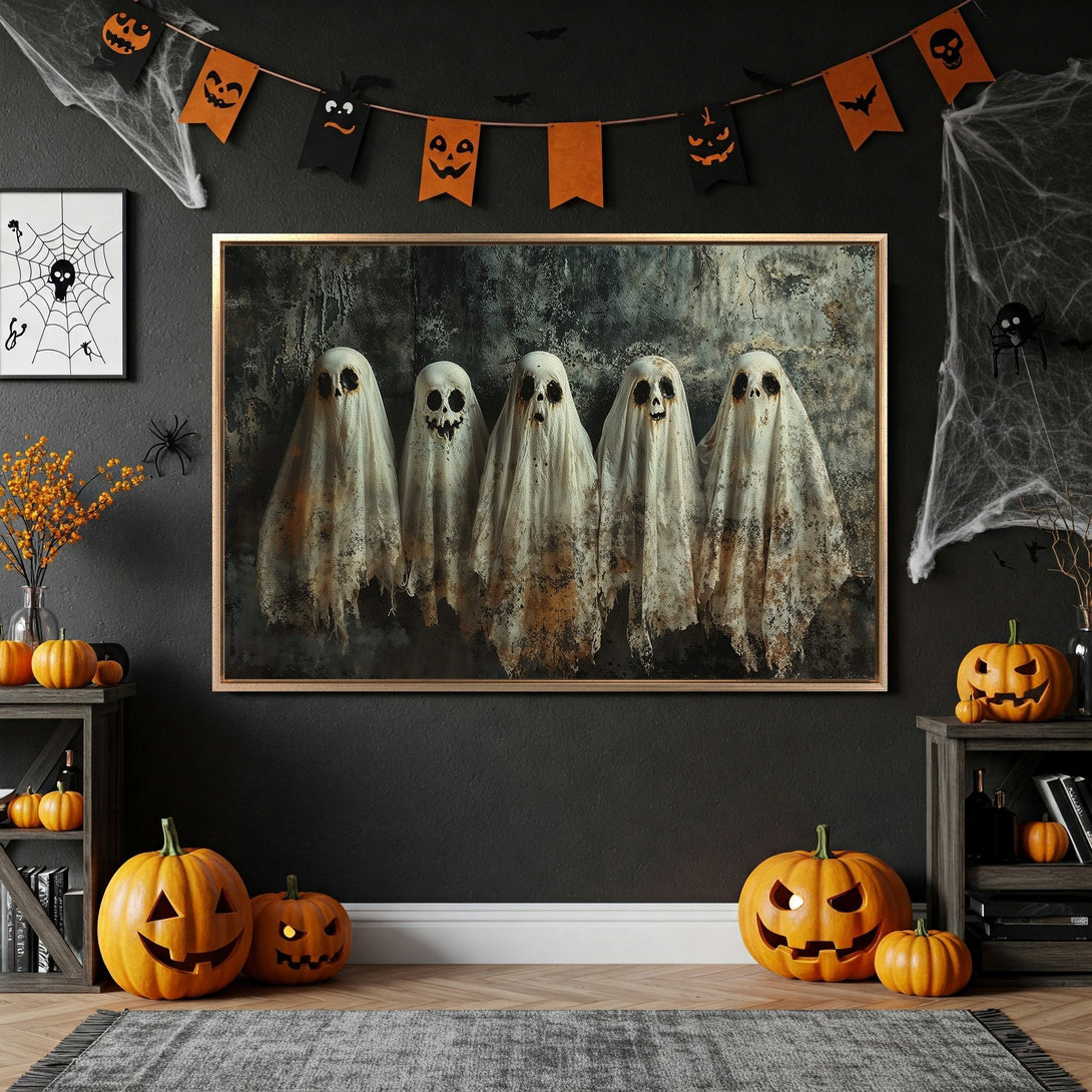 Framed Wall Art: Spooky ghost canvas print in a Halloween-themed interior. Features a dark, moody color palette with orange and black accents. Perfect for seasonal decor!