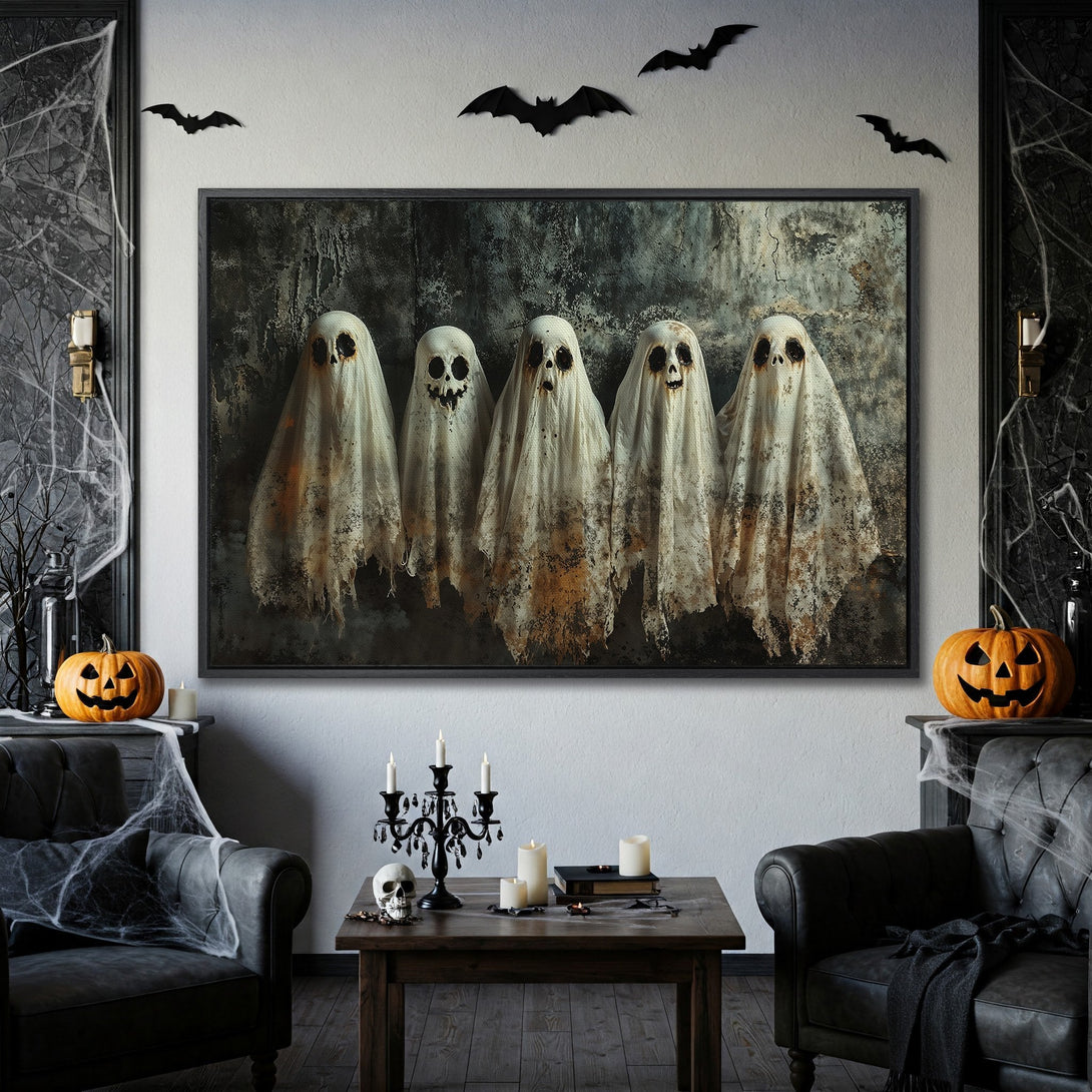 Framed Wall Art: Spooky ghost canvas print in a Halloween-themed room. Dark, eerie color palette. Perfect for Halloween decor!