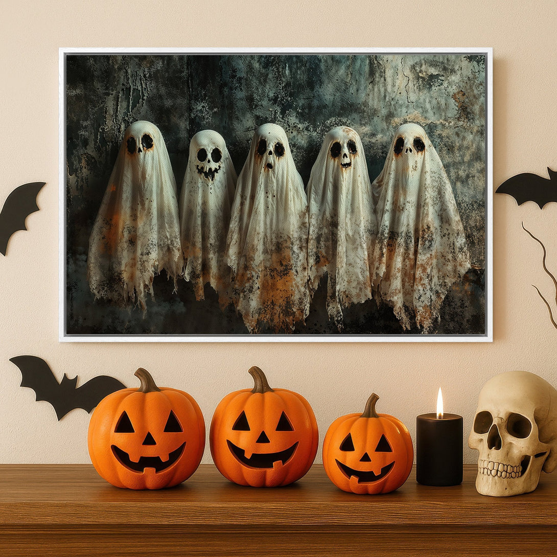 Framed Wall Art: Spooky Halloween ghost art in a rustic style with a muted color palette. Perfect for adding a touch of fright to your home decor!