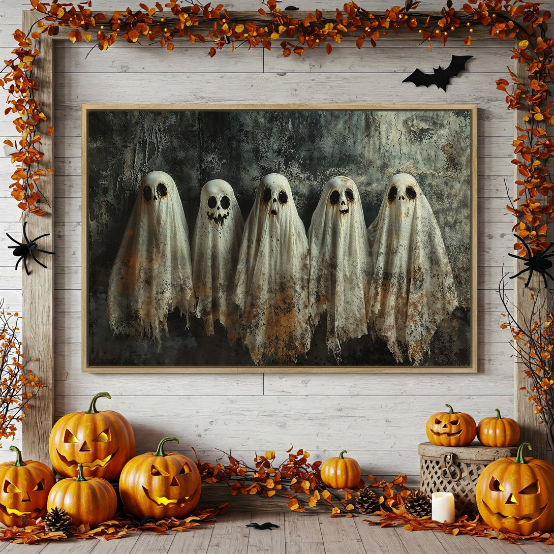 Framed Wall Art featuring spooky ghost figures in a rustic, neutral color palette. Perfect Halloween decor for your home!