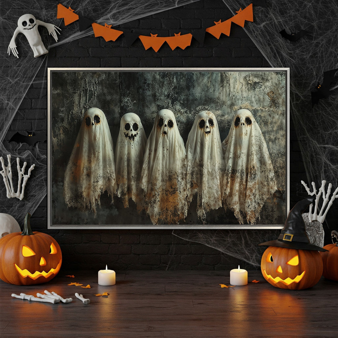Framed Wall Art featuring spooky ghost art in a Halloween-themed interior. Dark, moody color palette perfect for Halloween decor. Get yours today!