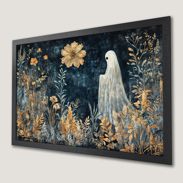 Framed Poster featuring a whimsical ghost in a floral scene, dark blue and gold color palette, perfect for Halloween decor.