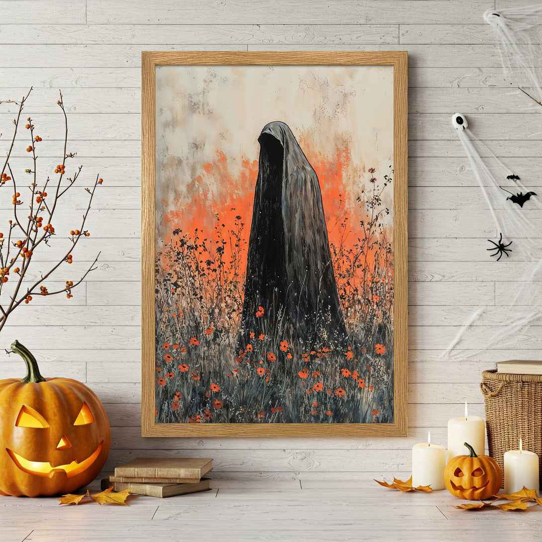 Framed Poster featuring a mysterious figure in a field, with an orange and gray color palette. Perfect Halloween decor!
