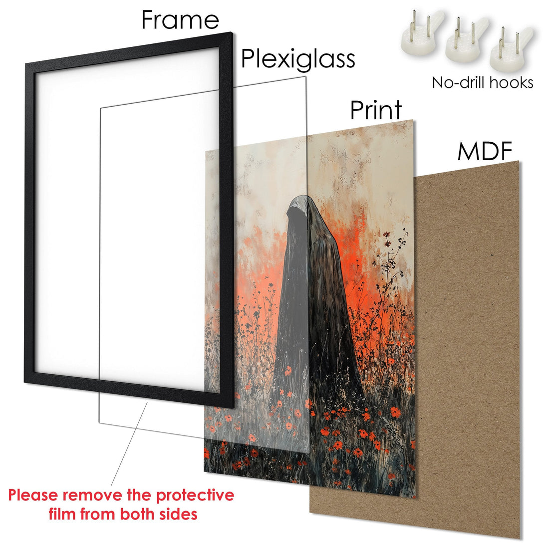 Framed Poster art print featuring a figure in black against an orange and beige backdrop. Modern style, ready to hang.