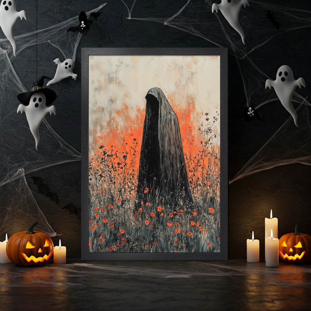 Framed Poster featuring a dark figure in a field, abstract style, orange and black color palette, perfect for Halloween decor.