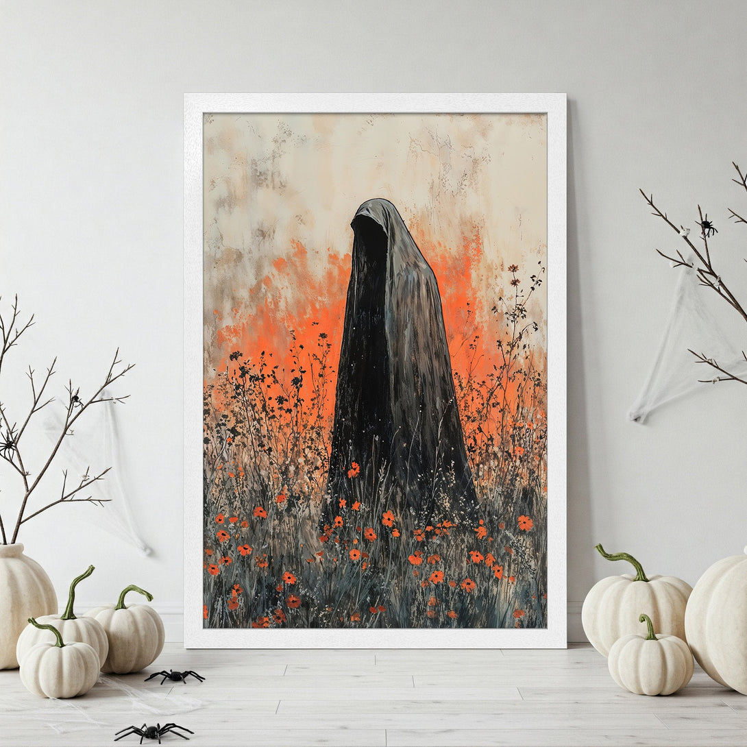 Framed Poster featuring a mysterious figure in a field, with an orange and gray color palette. Perfect Halloween decor!