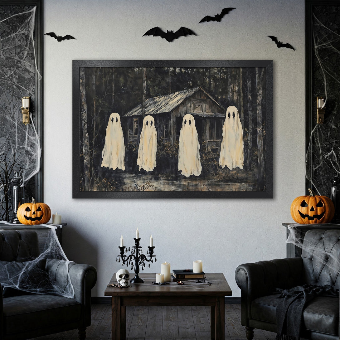 Framed Poster featuring spooky ghosts and haunted house art. Dark, moody color palette perfect for Halloween decor. Get yours today!