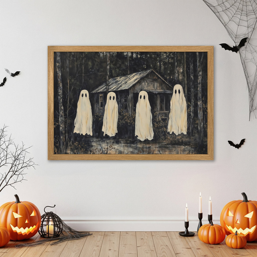 Framed Poster featuring spooky ghosts in a dark forest scene. Perfect Halloween decor! Dark, moody color palette. Get yours today!