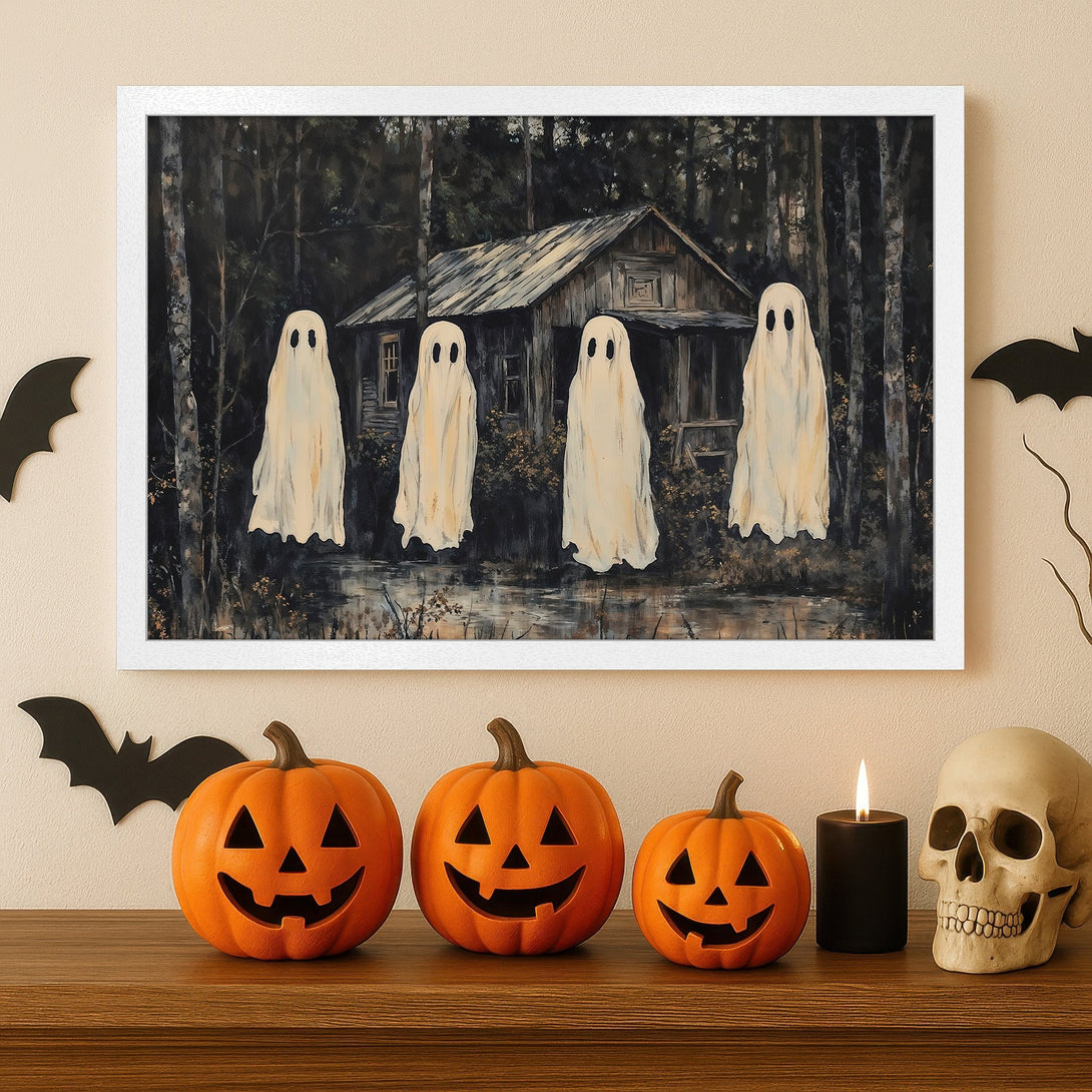 Framed Poster featuring spooky ghosts in a dark forest scene. Perfect Halloween decor with a muted, earthy color palette.