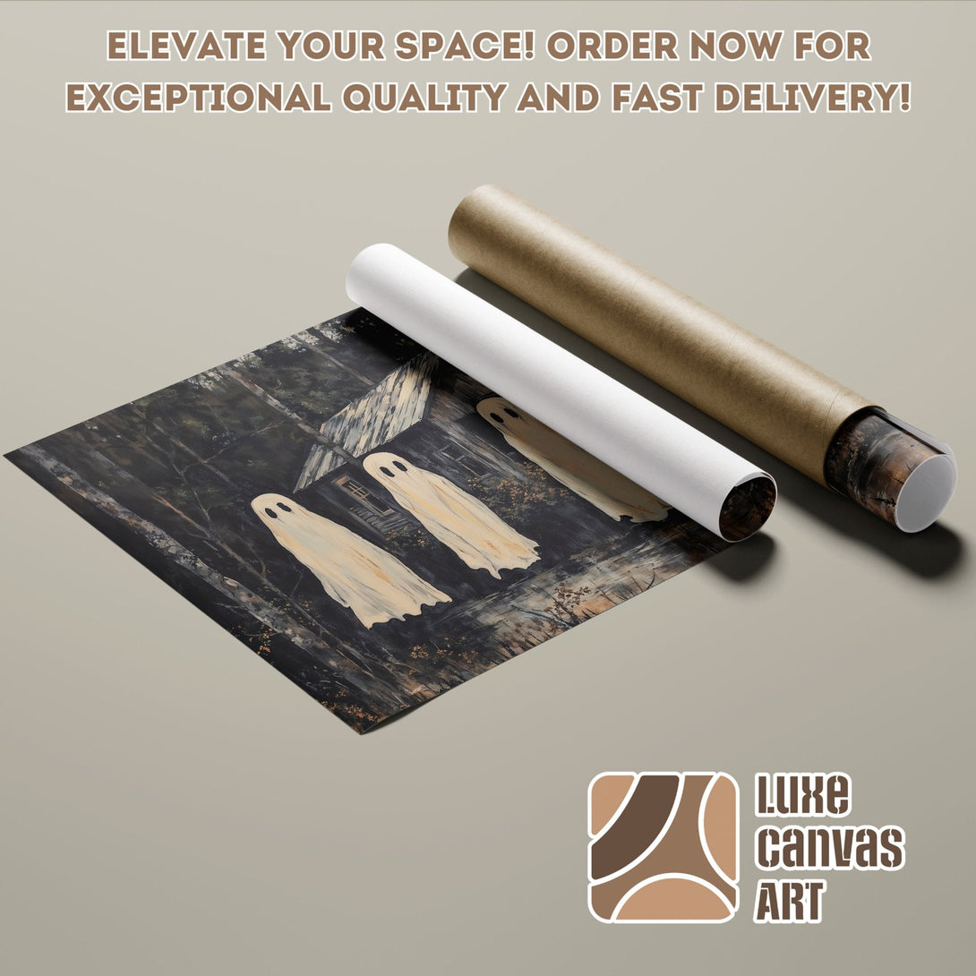 Poster Roll featuring a spooky ghost art print, dark and neutral color palette. Elevate your decor!