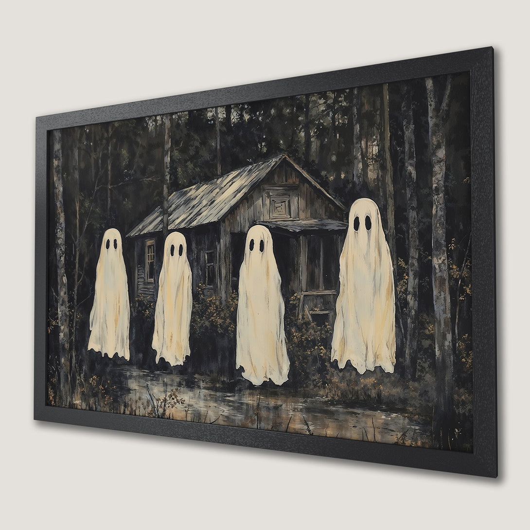 Framed Poster: Spooky ghost art in a dark forest scene. Gothic style with a muted, earthy color palette. Perfect Halloween decor!