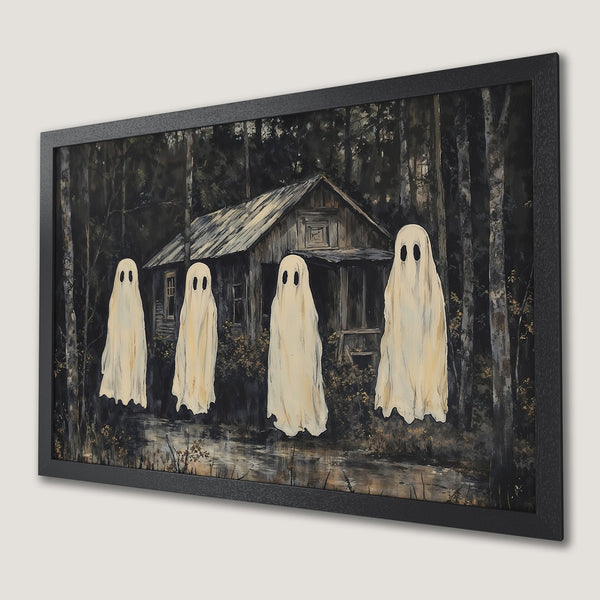Framed Poster: Spooky ghost art in a dark forest scene. Gothic style with a muted, earthy color palette. Perfect Halloween decor!