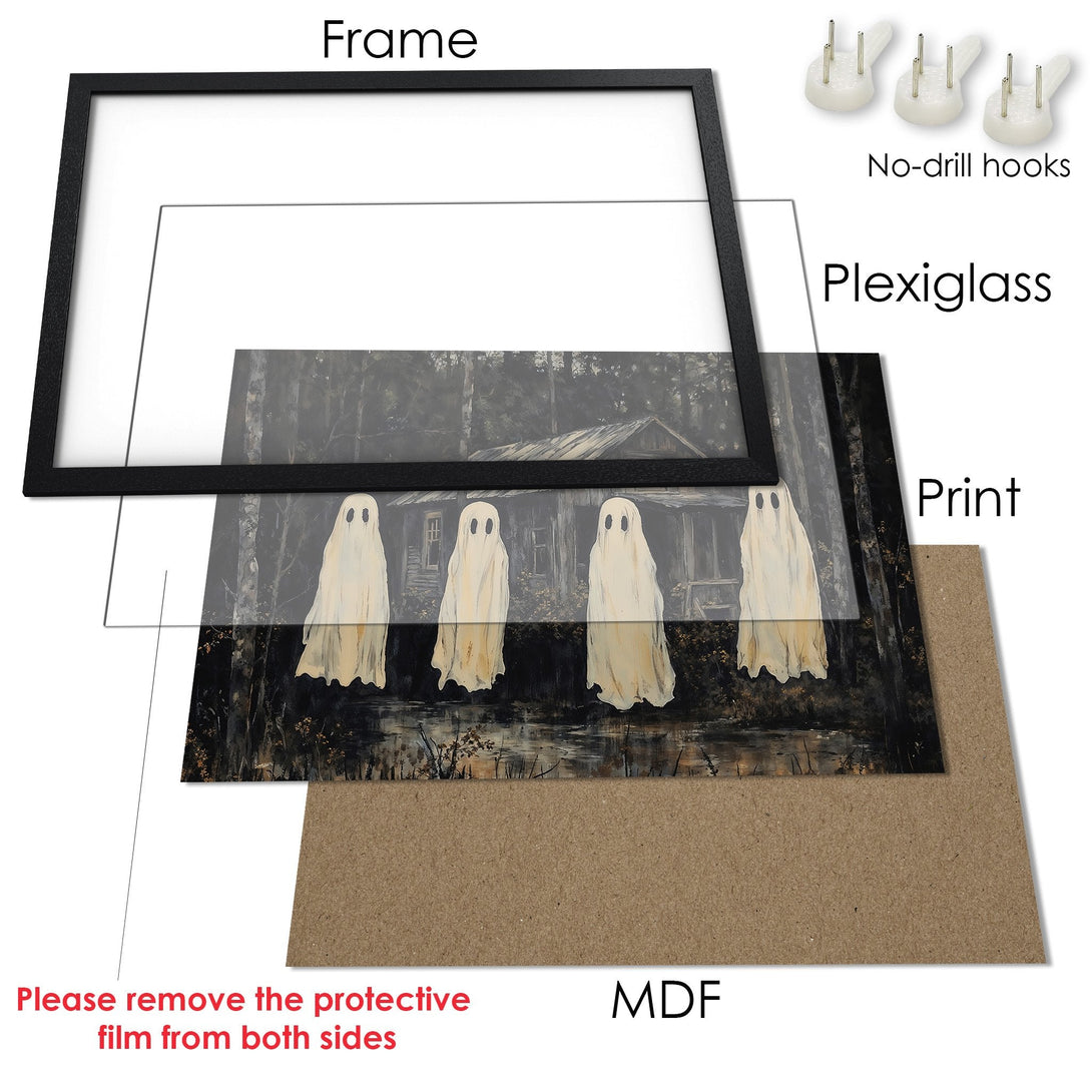 Framed Poster featuring spooky ghosts in a dark forest scene. Artistic style, with a muted, earthy color palette. Add a touch of Halloween to your home!