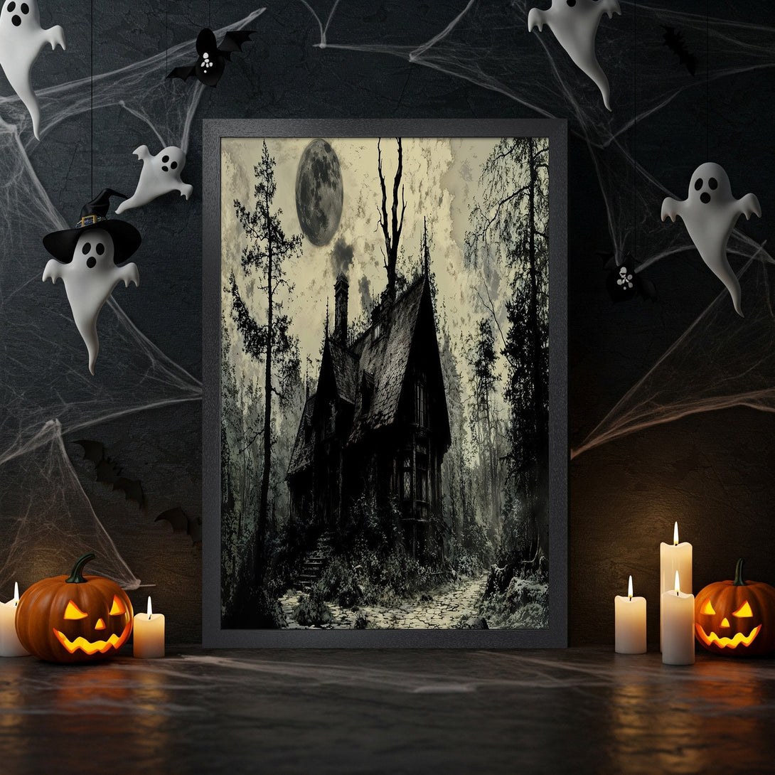 Framed Poster: Spooky Halloween scene with a haunted house, dark grayscale style. Perfect for adding a touch of eerie decor to your space.