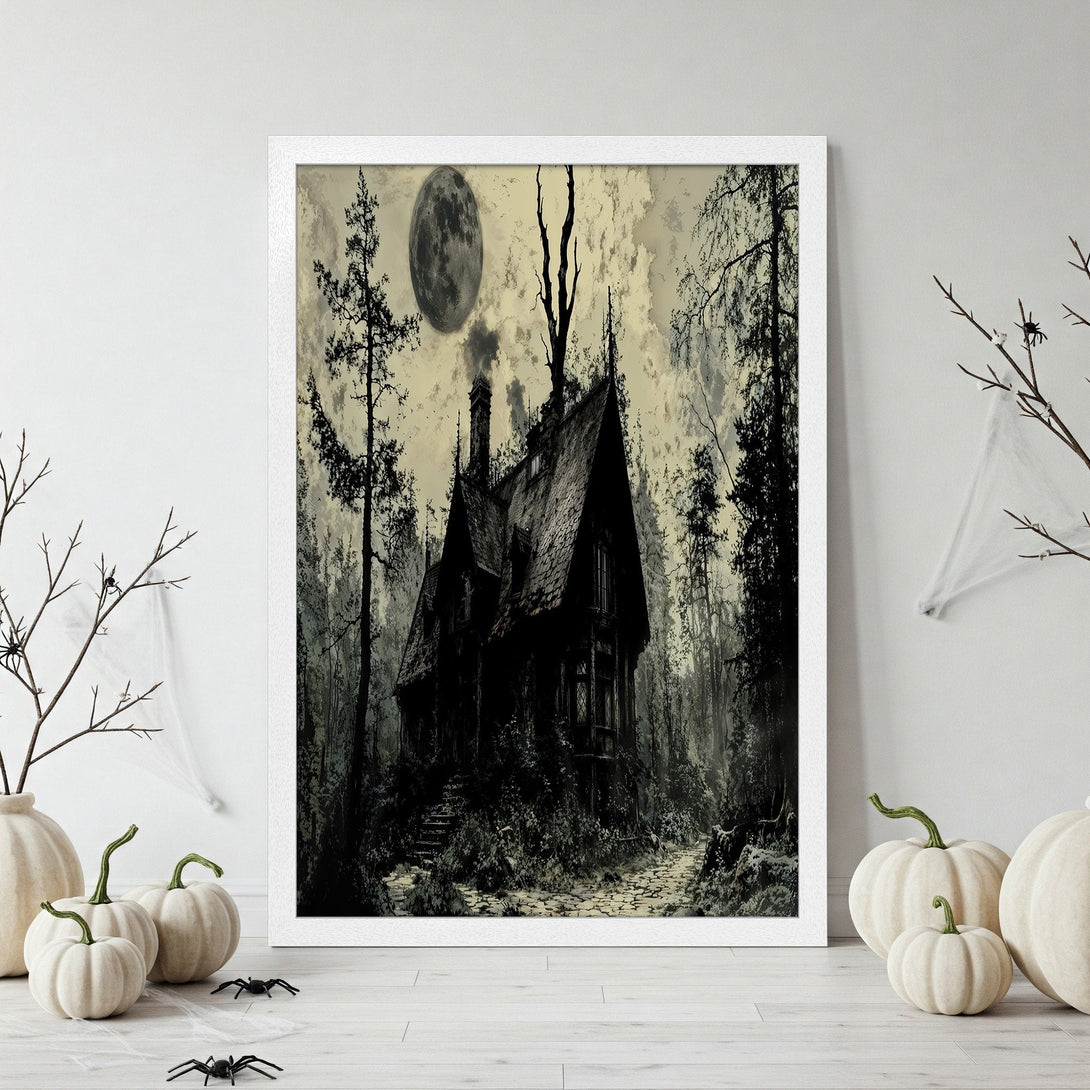 Framed Poster featuring a spooky haunted house in a dark, grayscale forest scene. Perfect Halloween decor!