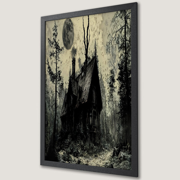 Framed Poster: Spooky forest scene with a gothic house under a full moon. Dark, monochrome art style. Perfect for Halloween decor!