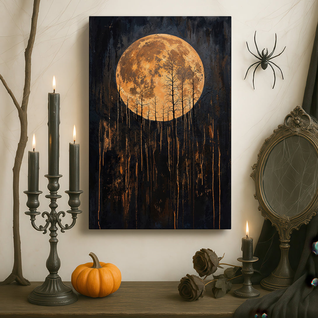 Framed Wall Art featuring a moonlit forest scene, displayed in an elegant interior. Dark, moody color palette with gold accents. Add a touch of mystery to your space!