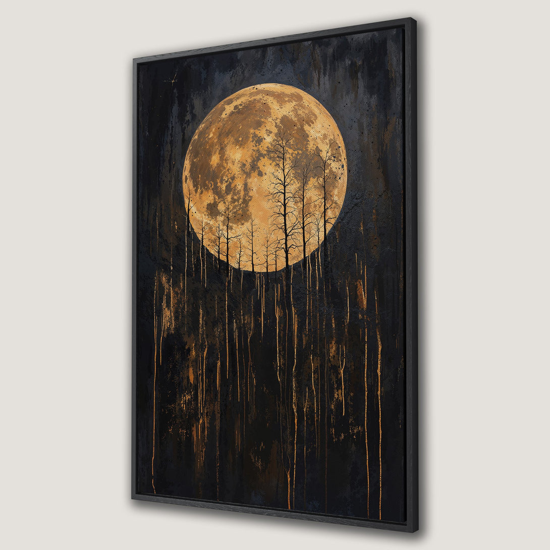 Framed Wall Art: Dramatic moonlit forest scene in black and gold. Abstract style Canvas Print adds a touch of mystery and elegance to any space.