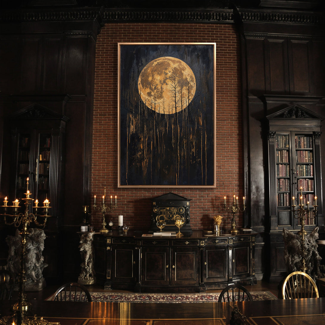 Framed Wall Art featuring a golden moon and silhouette trees against a dark, moody backdrop. Evokes a sense of mystery and elegance. Perfect for home decor.