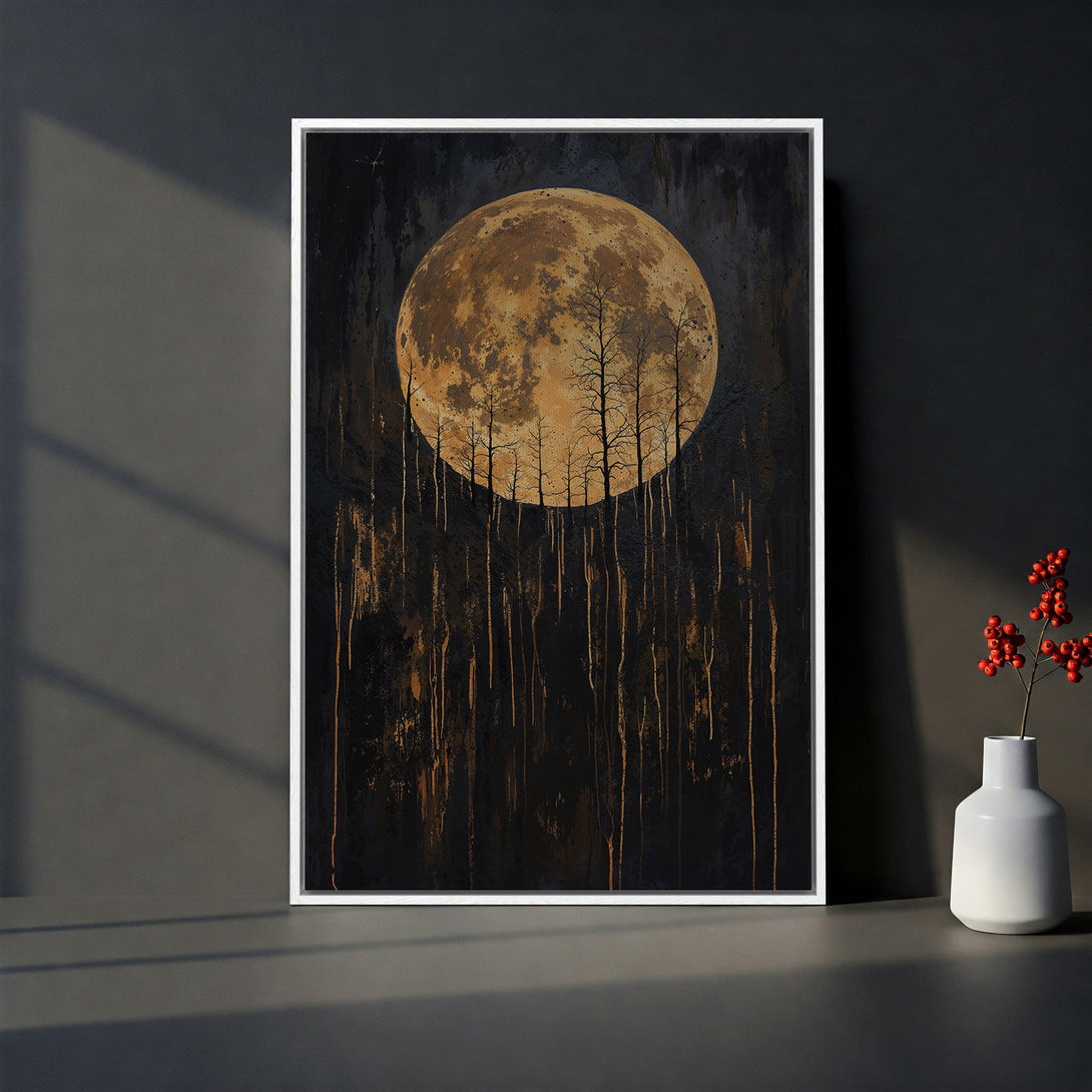 Framed Wall Art: Abstract moonlit forest canvas print in a dark, moody color palette. Perfect for adding a touch of modern art to your home decor.
