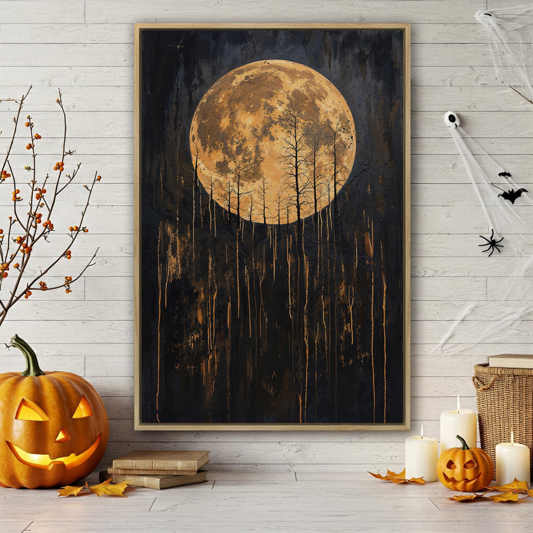 Framed Wall Art: Spooky moonlit forest scene in black & gold. Perfect Halloween decor, adding a touch of mystery and style to your space. Shop now!